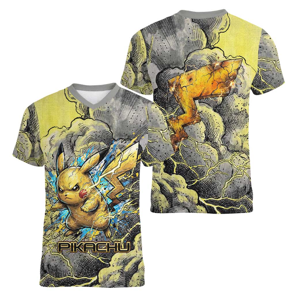 Pikachu Stormbreaker Edition Women V-Neck T-Shirt Pikachu Amid Thunder Clouds
