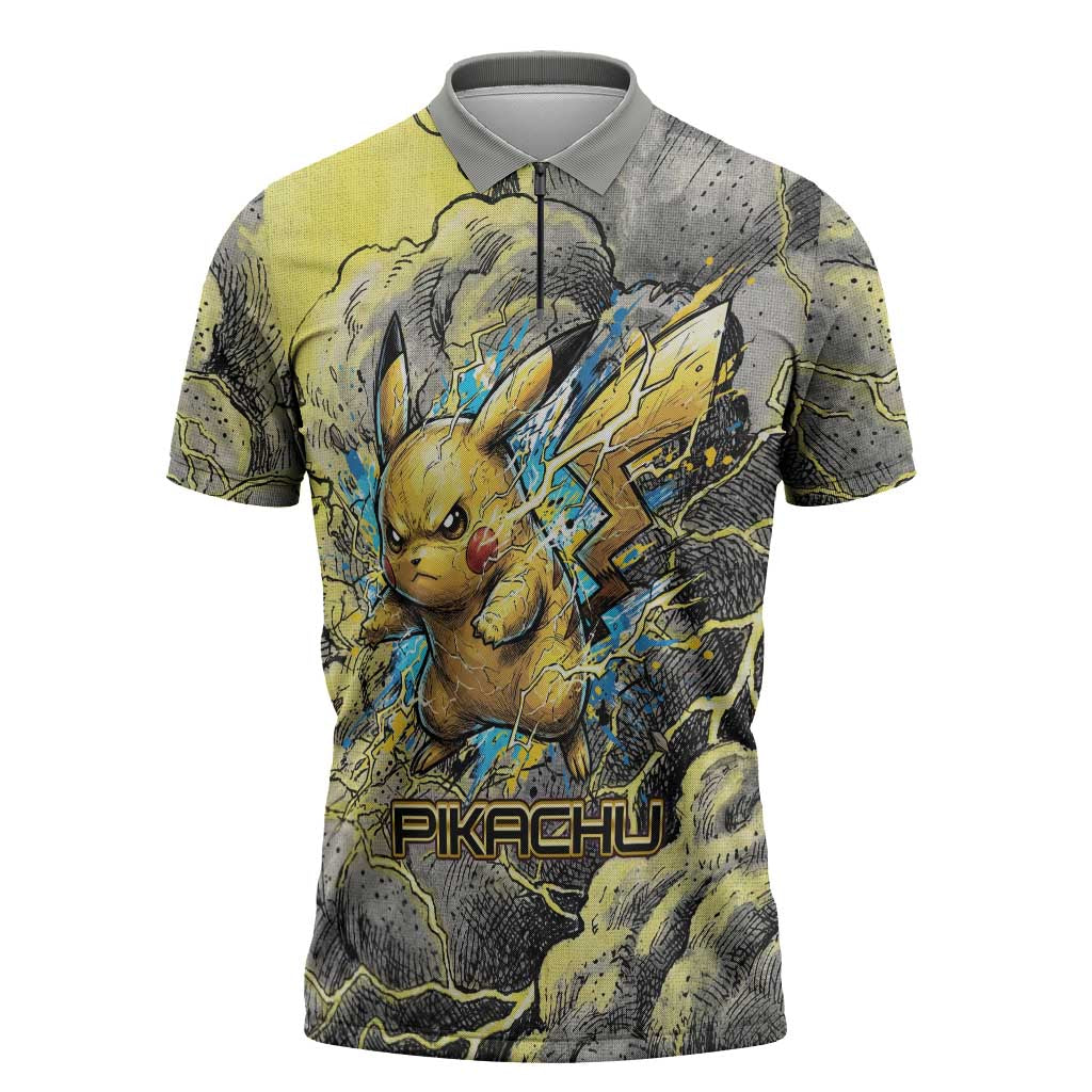 Pikachu Stormbreaker Edition Zipper Polo Shirt Pikachu Amid Thunder Clouds