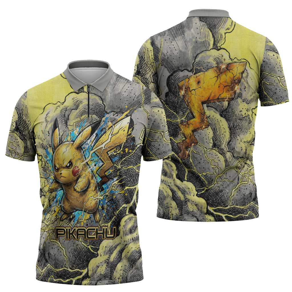 Pikachu Stormbreaker Edition Zipper Polo Shirt Pikachu Amid Thunder Clouds