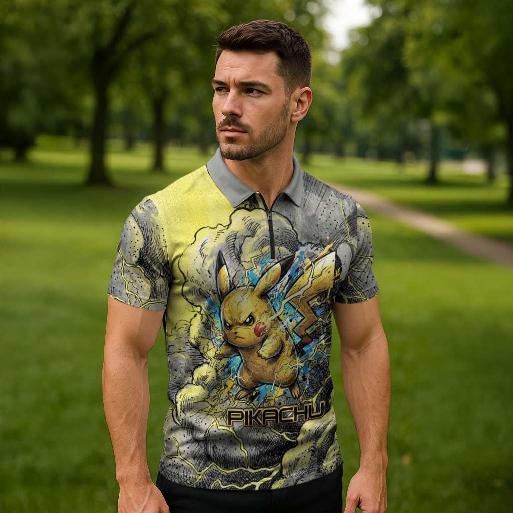 Pikachu Stormbreaker Edition Zipper Polo Shirt Pikachu Amid Thunder Clouds