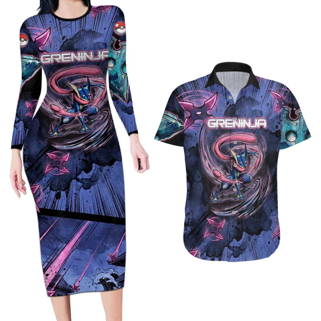 Greninja Ninja Star Couples Matching Long Sleeve Bodycon Dress and Hawaiian Shirt Greninja in the Ninja Storm Realm
