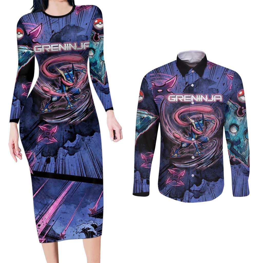 Greninja Ninja Star Couples Matching Long Sleeve Bodycon Dress and Long Sleeve Button Shirt Greninja in the Ninja Storm Realm