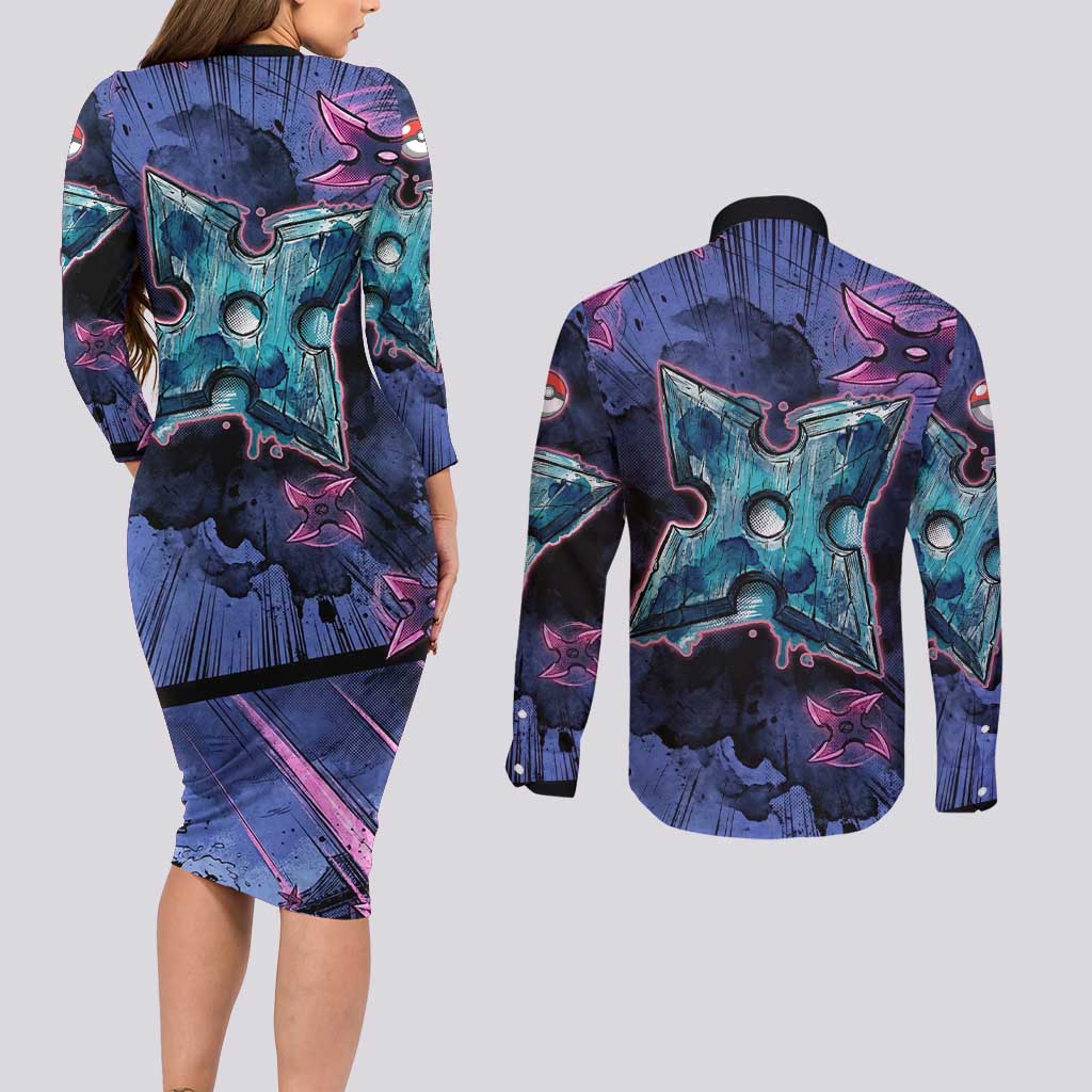 Greninja Ninja Star Couples Matching Long Sleeve Bodycon Dress and Long Sleeve Button Shirt Greninja in the Ninja Storm Realm