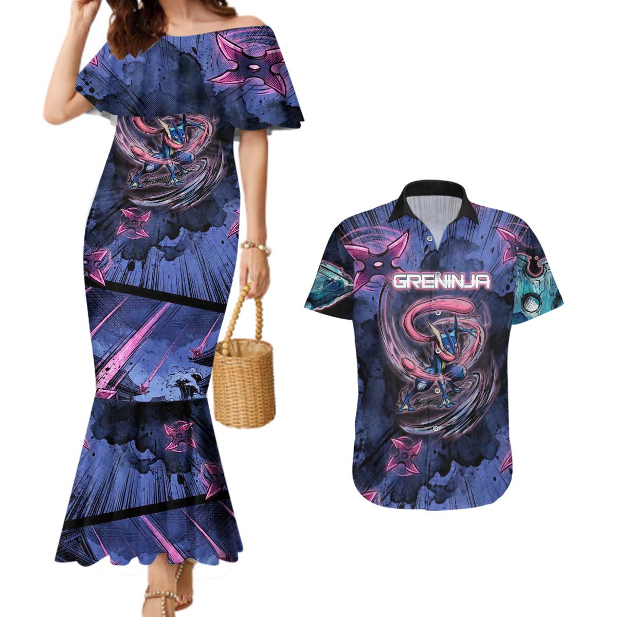 Greninja Ninja Star Couples Matching Mermaid Dress and Hawaiian Shirt Greninja in the Ninja Storm Realm