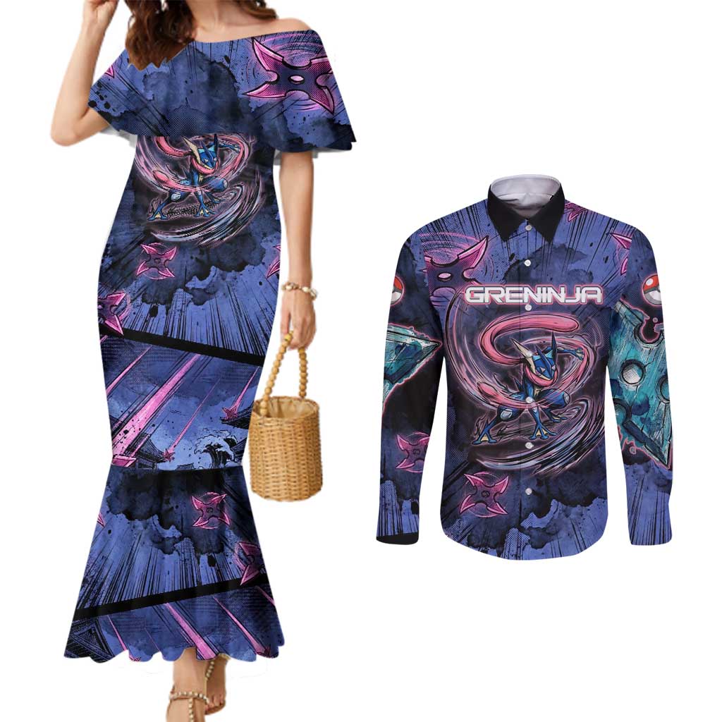 Greninja Ninja Star Couples Matching Mermaid Dress and Long Sleeve Button Shirt Greninja in the Ninja Storm Realm