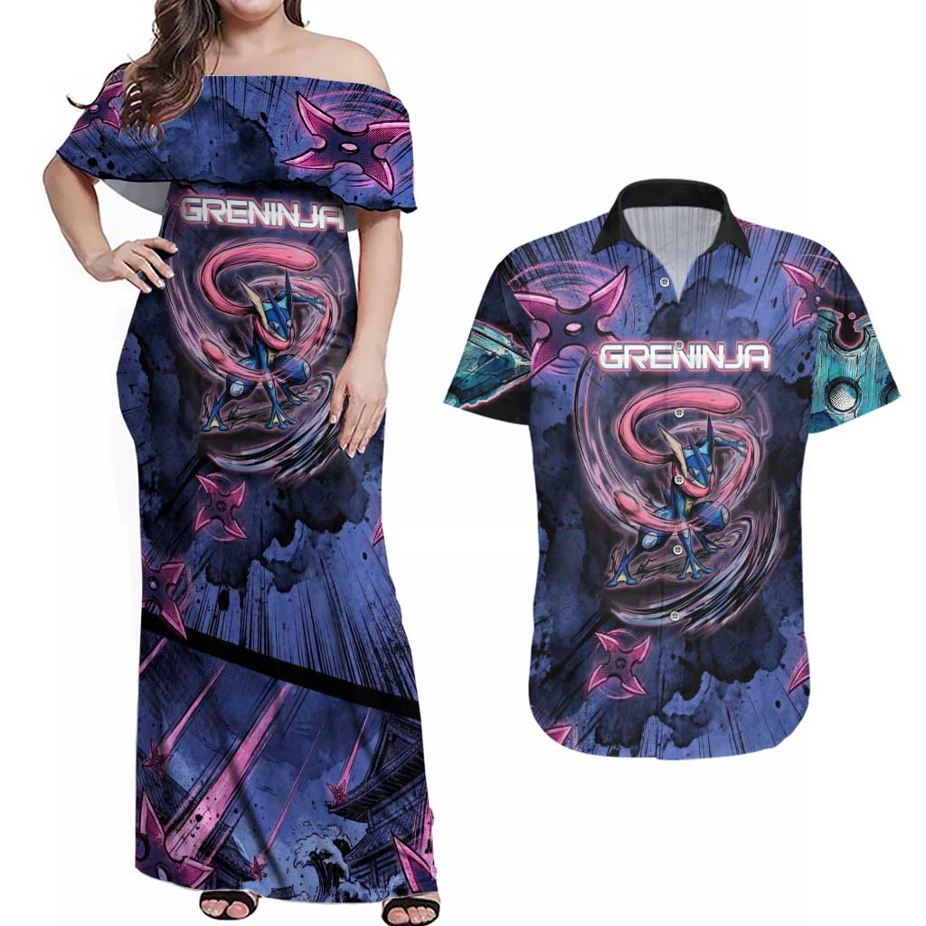 Greninja Ninja Star Couples Matching Off Shoulder Maxi Dress and Hawaiian Shirt Greninja in the Ninja Storm Realm