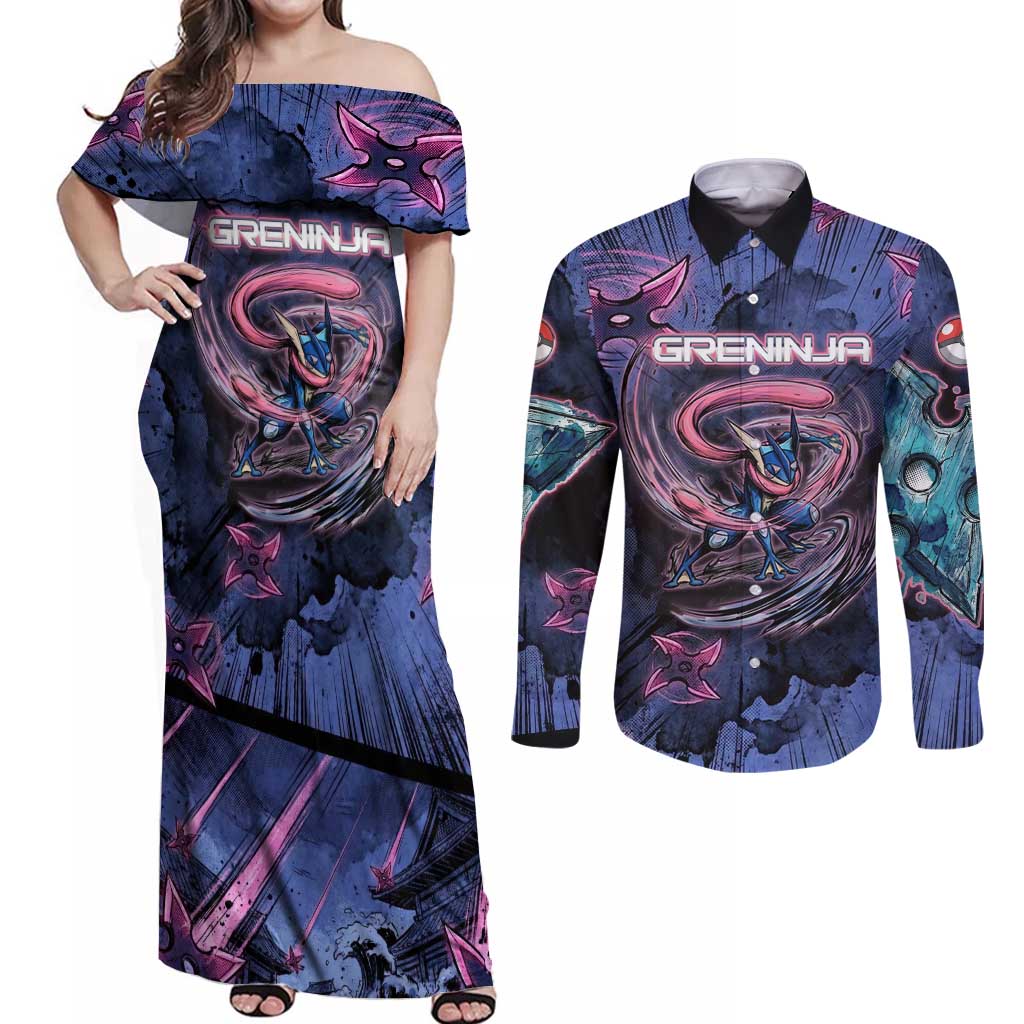 Greninja Ninja Star Couples Matching Off Shoulder Maxi Dress and Long Sleeve Button Shirt Greninja in the Ninja Storm Realm