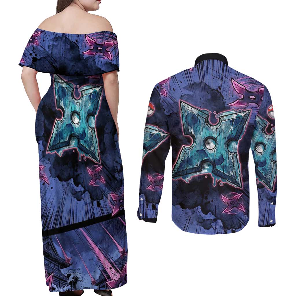 Greninja Ninja Star Couples Matching Off Shoulder Maxi Dress and Long Sleeve Button Shirt Greninja in the Ninja Storm Realm