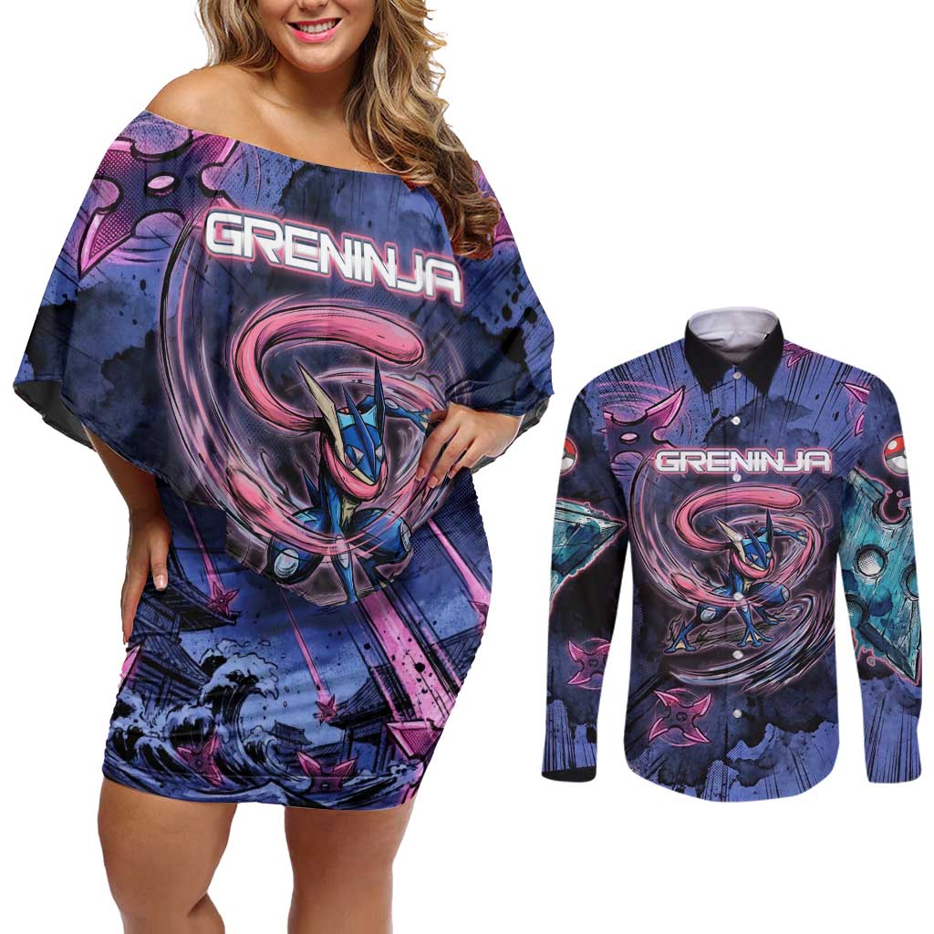 Greninja Ninja Star Couples Matching Off Shoulder Short Dress and Long Sleeve Button Shirt Greninja in the Ninja Storm Realm