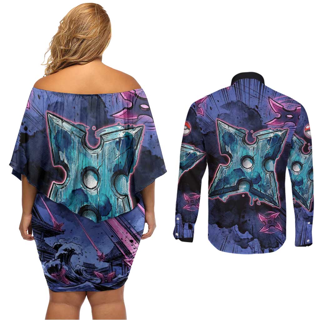Greninja Ninja Star Couples Matching Off Shoulder Short Dress and Long Sleeve Button Shirt Greninja in the Ninja Storm Realm