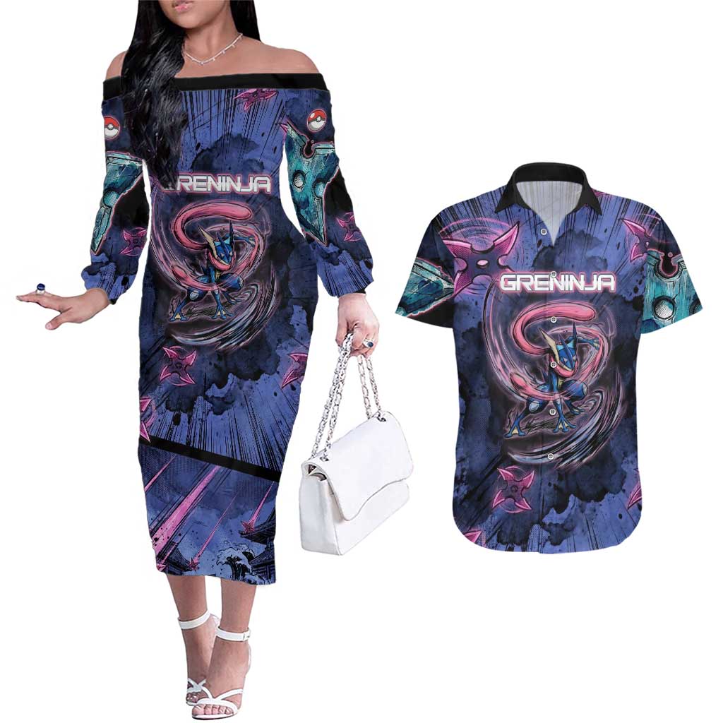 Greninja Ninja Star Couples Matching Off The Shoulder Long Sleeve Dress and Hawaiian Shirt Greninja in the Ninja Storm Realm