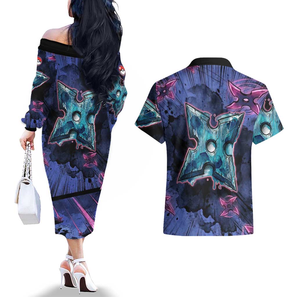 Greninja Ninja Star Couples Matching Off The Shoulder Long Sleeve Dress and Hawaiian Shirt Greninja in the Ninja Storm Realm
