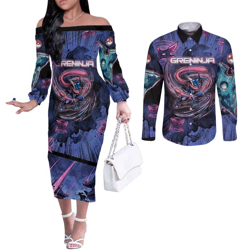 Greninja Ninja Star Couples Matching Off The Shoulder Long Sleeve Dress and Long Sleeve Button Shirt Greninja in the Ninja Storm Realm