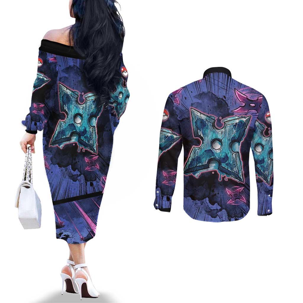 Greninja Ninja Star Couples Matching Off The Shoulder Long Sleeve Dress and Long Sleeve Button Shirt Greninja in the Ninja Storm Realm