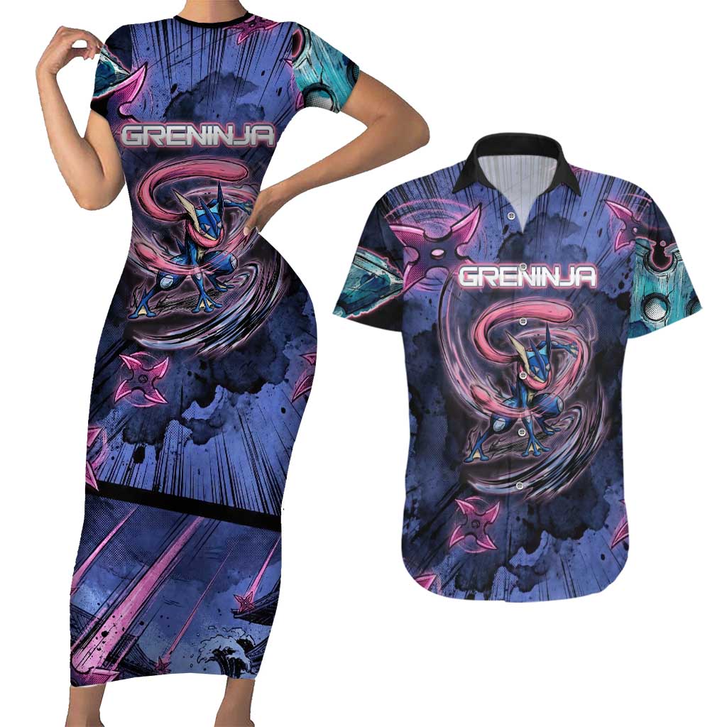 Greninja Ninja Star Couples Matching Short Sleeve Bodycon Dress and Hawaiian Shirt Greninja in the Ninja Storm Realm