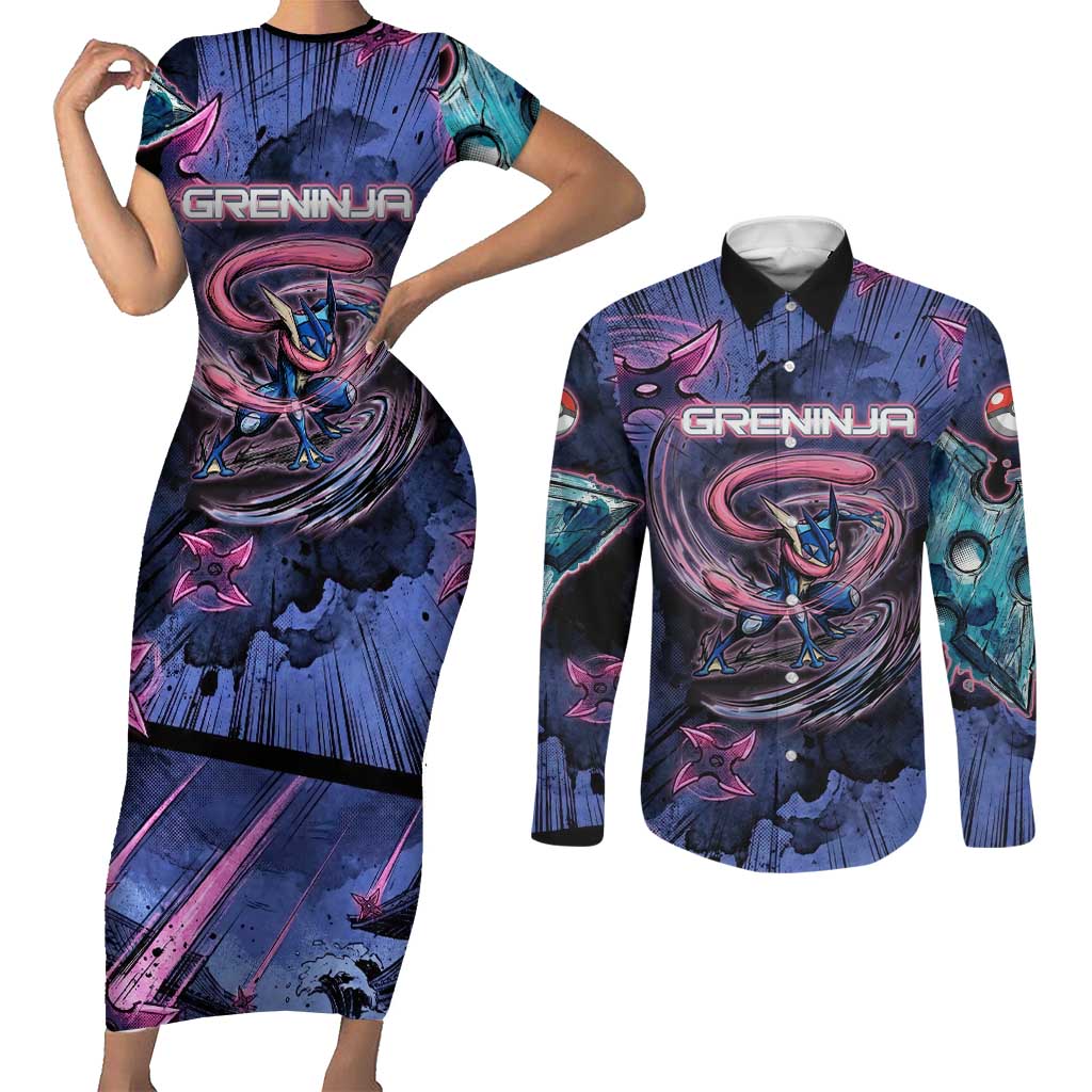 Greninja Ninja Star Couples Matching Short Sleeve Bodycon Dress and Long Sleeve Button Shirt Greninja in the Ninja Storm Realm