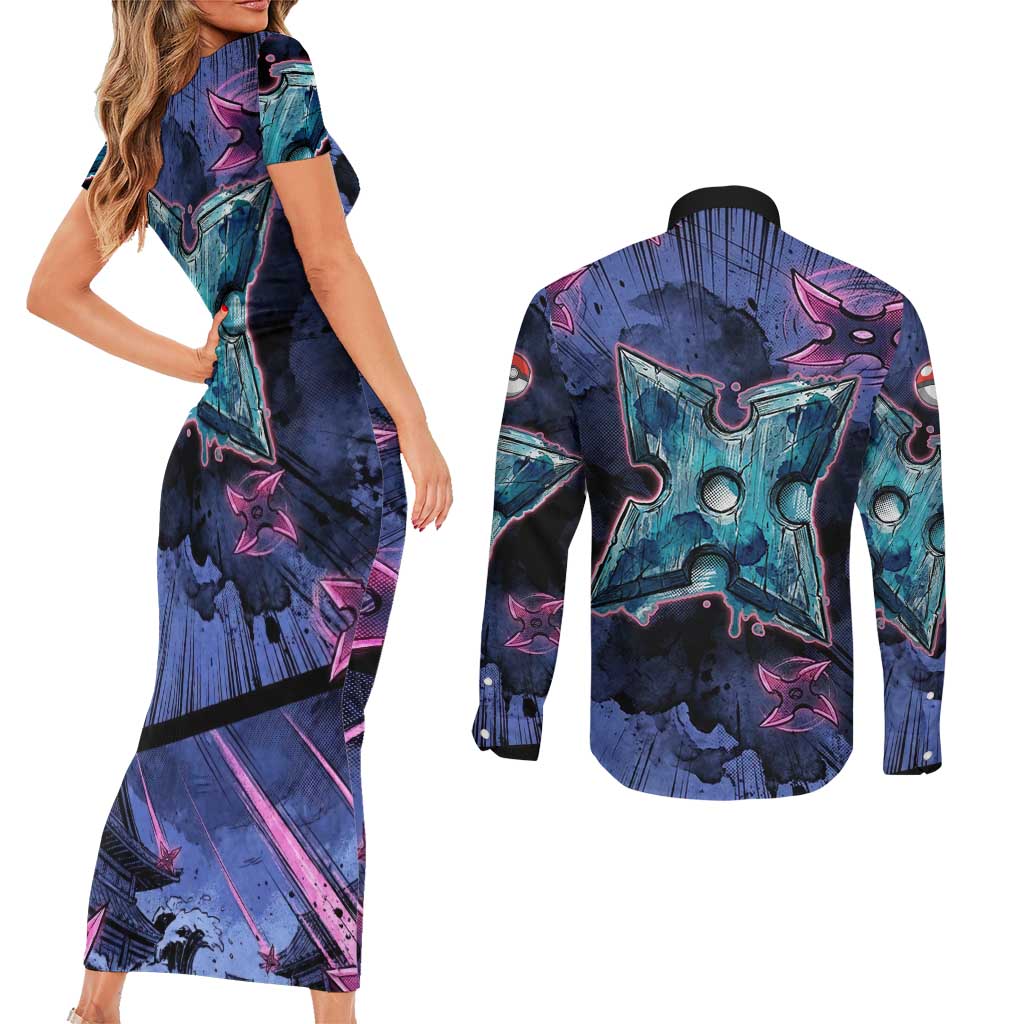 Greninja Ninja Star Couples Matching Short Sleeve Bodycon Dress and Long Sleeve Button Shirt Greninja in the Ninja Storm Realm