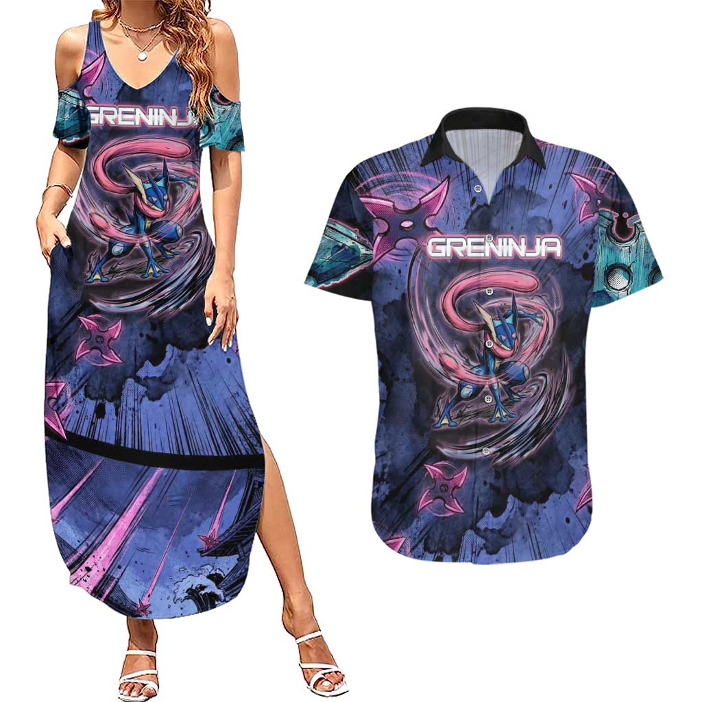 Greninja Ninja Star Couples Matching Summer Maxi Dress and Hawaiian Shirt Greninja in the Ninja Storm Realm