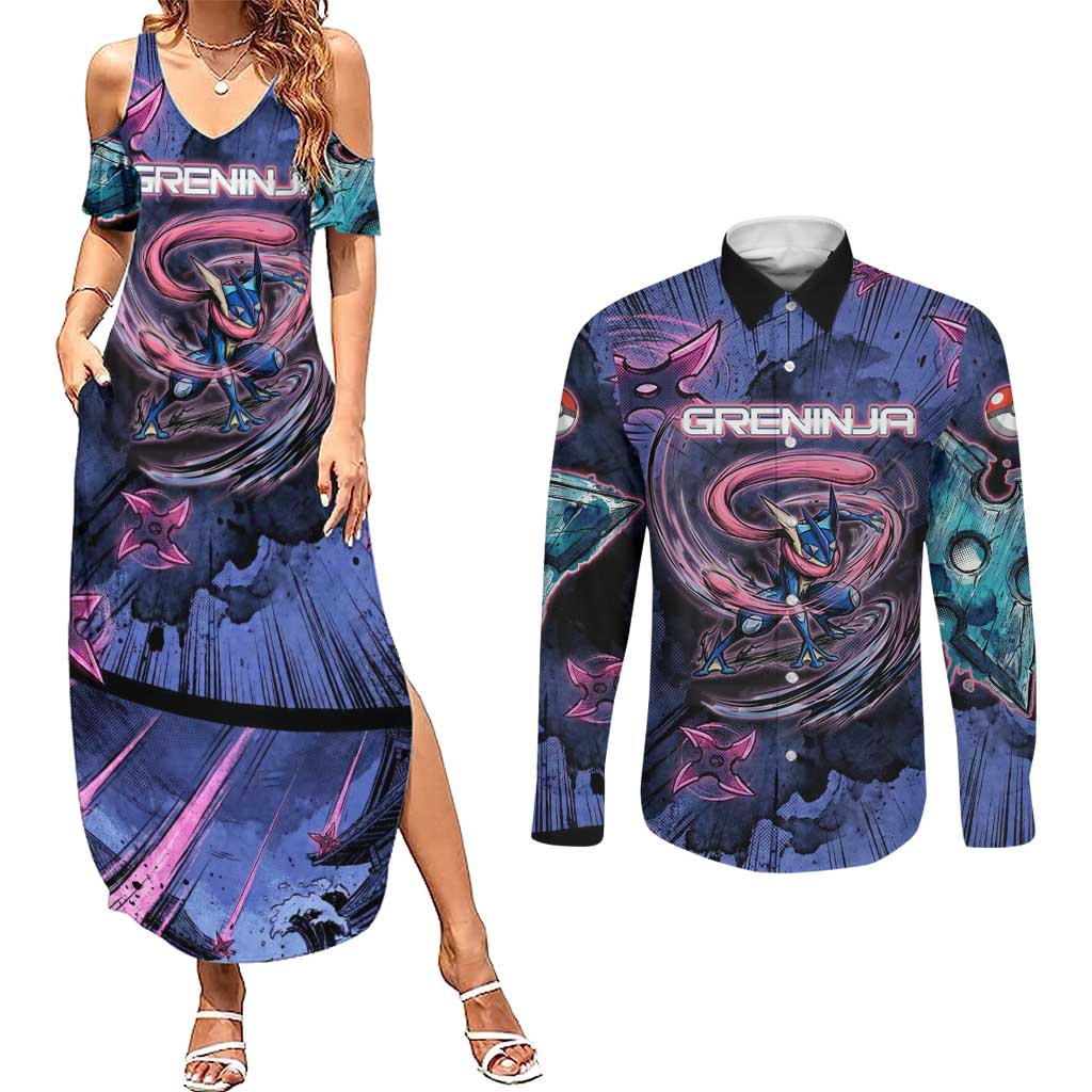 Greninja Ninja Star Couples Matching Summer Maxi Dress and Long Sleeve Button Shirt Greninja in the Ninja Storm Realm