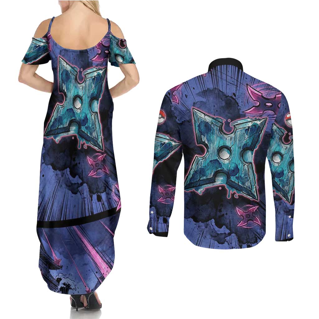 Greninja Ninja Star Couples Matching Summer Maxi Dress and Long Sleeve Button Shirt Greninja in the Ninja Storm Realm