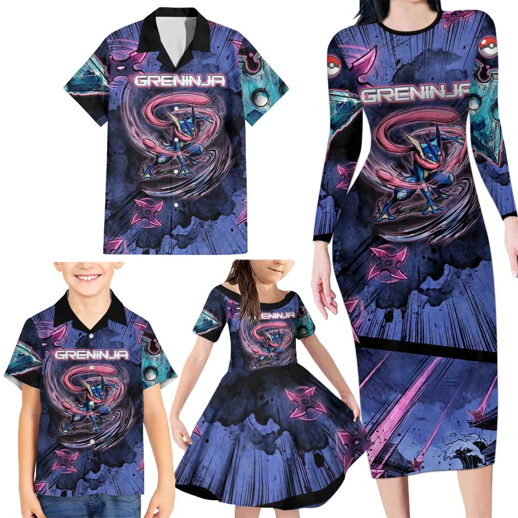 Greninja Ninja Star Family Matching Long Sleeve Bodycon Dress and Hawaiian Shirt Greninja in the Ninja Storm Realm