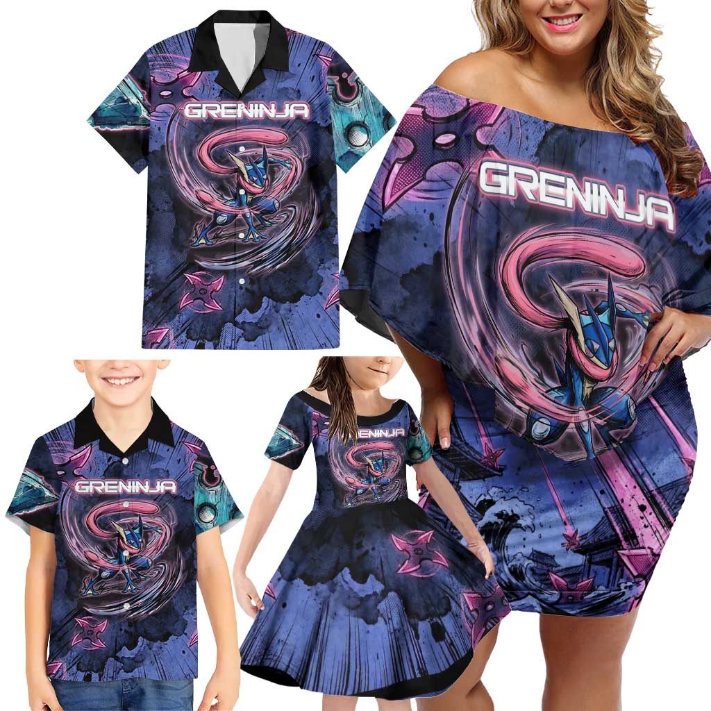 Greninja Ninja Star Family Matching Off Shoulder Short Dress and Hawaiian Shirt Greninja in the Ninja Storm Realm