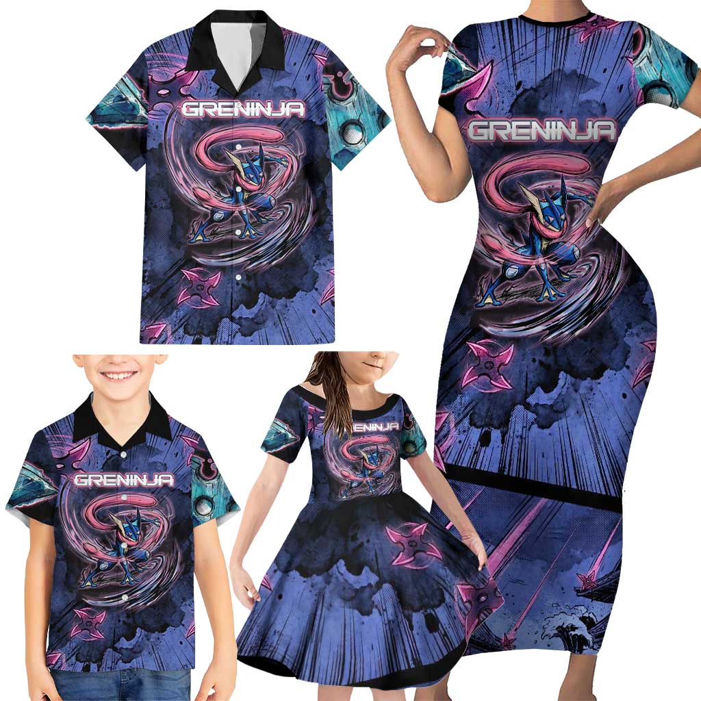 Greninja Ninja Star Family Matching Short Sleeve Bodycon Dress and Hawaiian Shirt Greninja in the Ninja Storm Realm