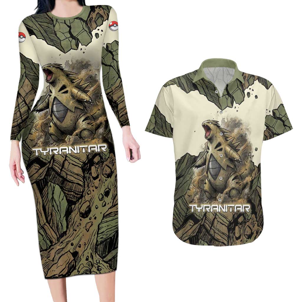 Tyranitar Rock Smash Couples Matching Long Sleeve Bodycon Dress and Hawaiian Shirt Tyranitar’s Seismic Roar - Monster of the Mountains