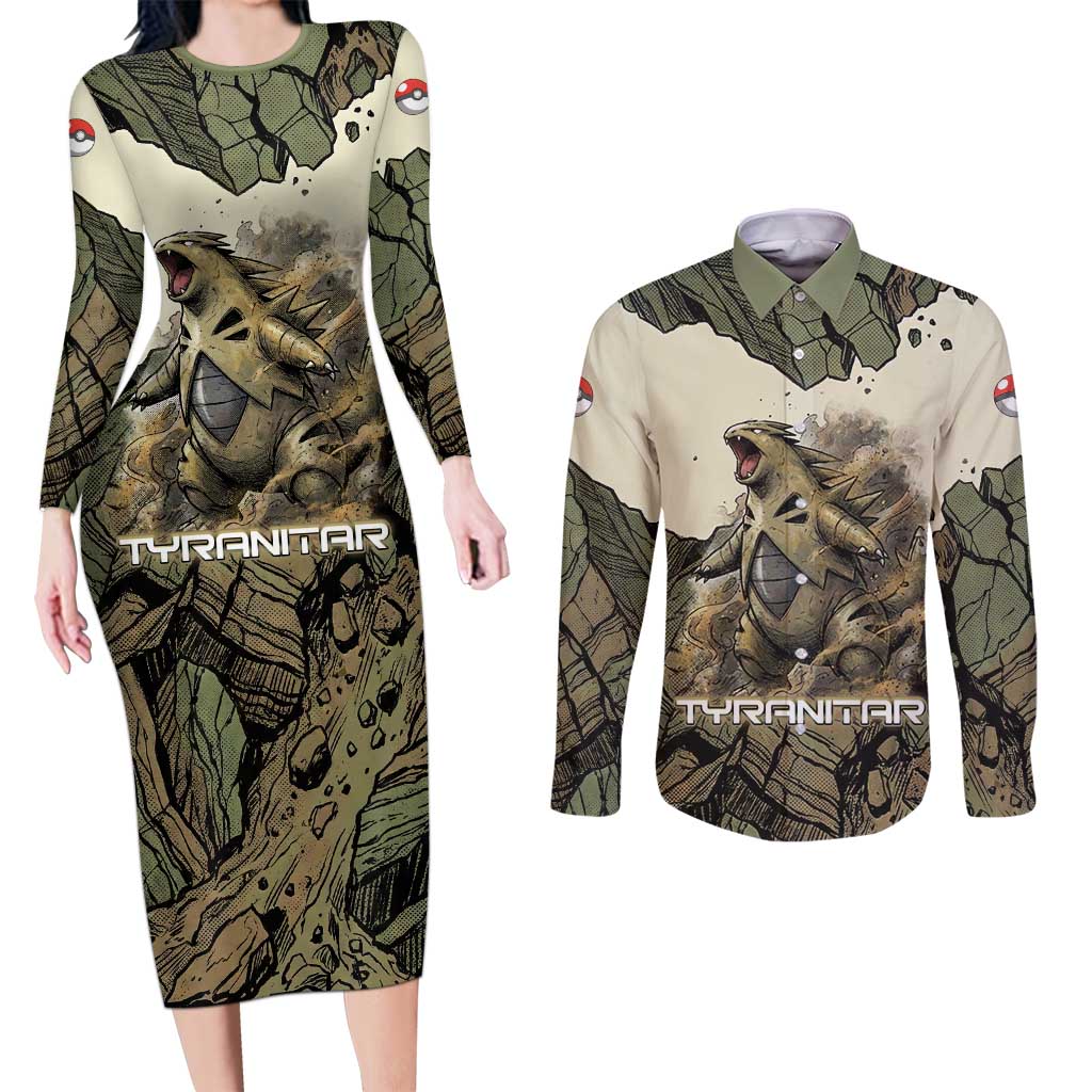 Tyranitar Rock Smash Couples Matching Long Sleeve Bodycon Dress and Long Sleeve Button Shirt Tyranitar’s Seismic Roar - Monster of the Mountains