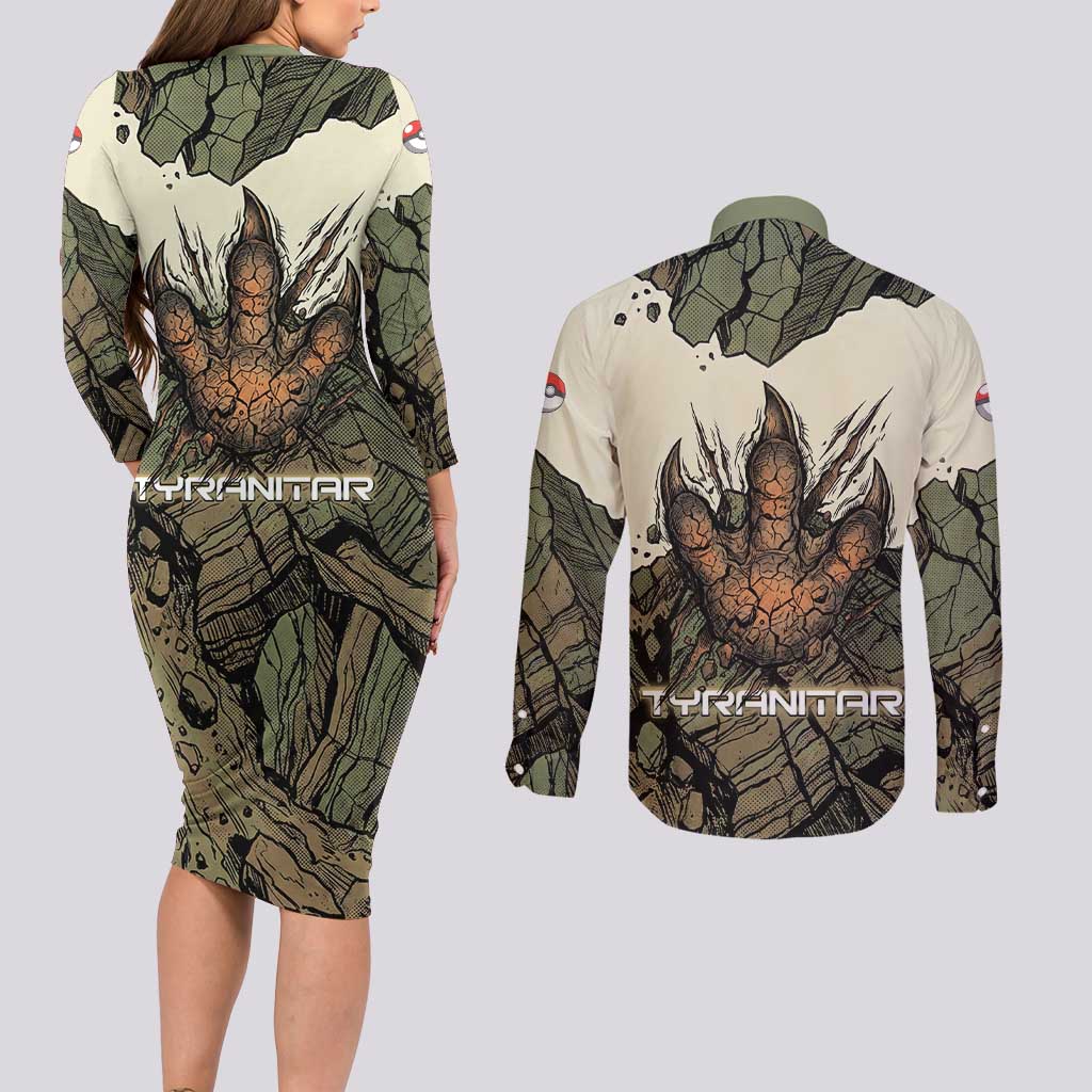 Tyranitar Rock Smash Couples Matching Long Sleeve Bodycon Dress and Long Sleeve Button Shirt Tyranitar’s Seismic Roar - Monster of the Mountains