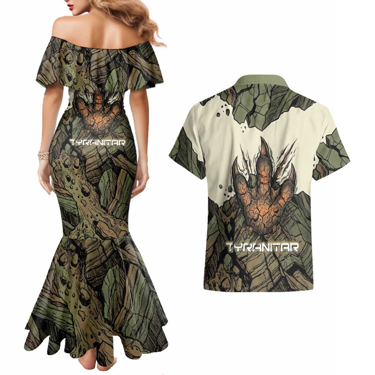 Tyranitar Rock Smash Couples Matching Mermaid Dress and Hawaiian Shirt Tyranitar’s Seismic Roar - Monster of the Mountains