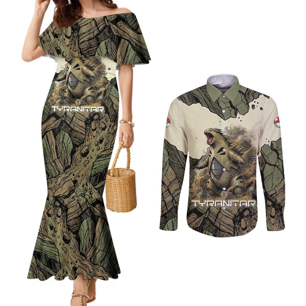 Tyranitar Rock Smash Couples Matching Mermaid Dress and Long Sleeve Button Shirt Tyranitar’s Seismic Roar - Monster of the Mountains