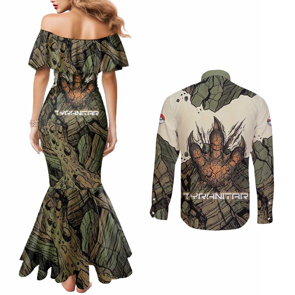 Tyranitar Rock Smash Couples Matching Mermaid Dress and Long Sleeve Button Shirt Tyranitar’s Seismic Roar - Monster of the Mountains
