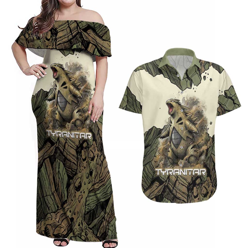 Tyranitar Rock Smash Couples Matching Off Shoulder Maxi Dress and Hawaiian Shirt Tyranitar’s Seismic Roar - Monster of the Mountains