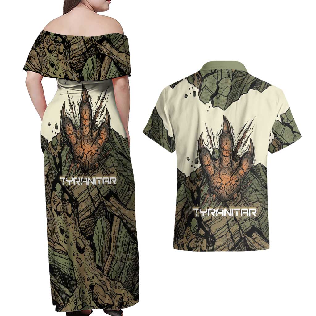 Tyranitar Rock Smash Couples Matching Off Shoulder Maxi Dress and Hawaiian Shirt Tyranitar’s Seismic Roar - Monster of the Mountains