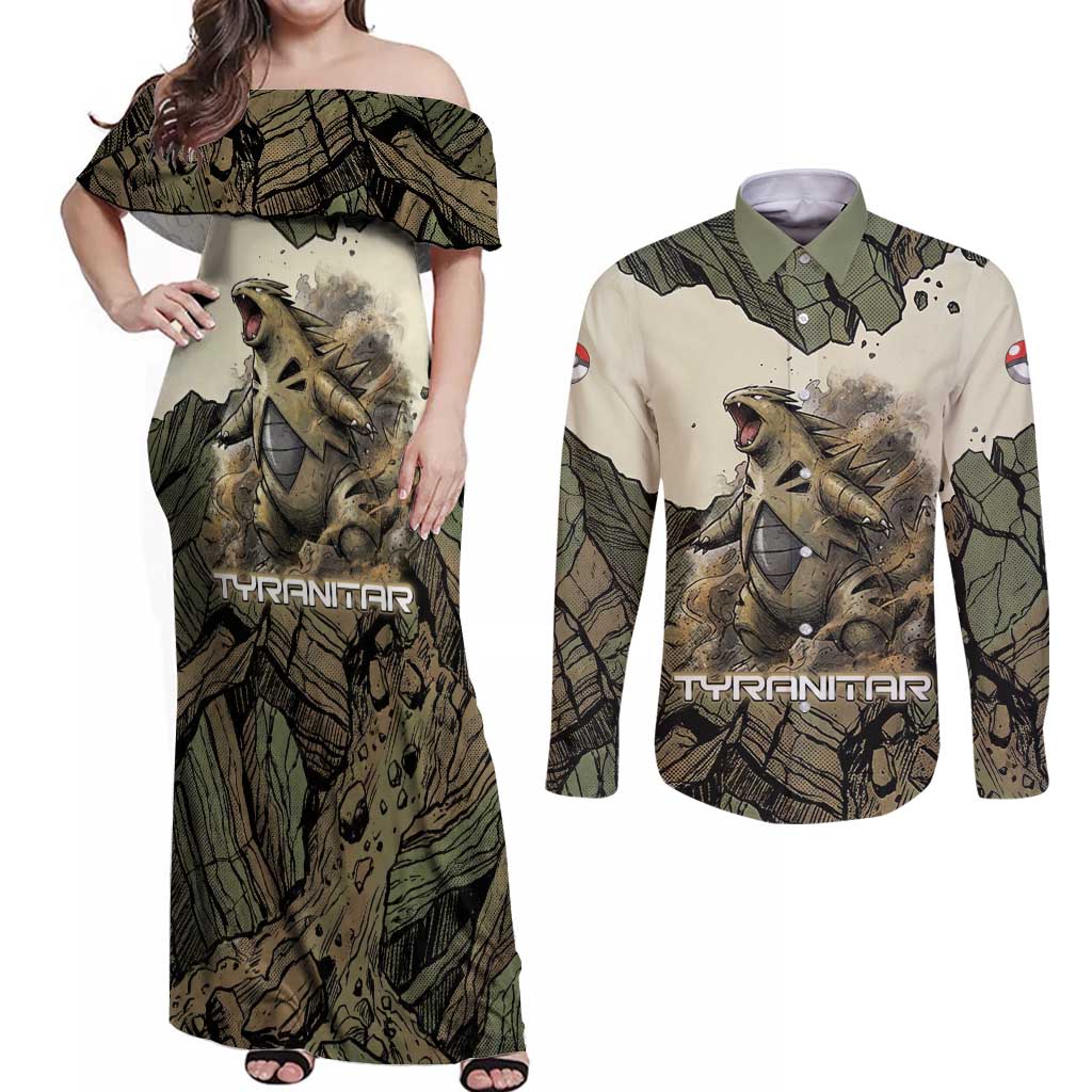 Tyranitar Rock Smash Couples Matching Off Shoulder Maxi Dress and Long Sleeve Button Shirt Tyranitar’s Seismic Roar - Monster of the Mountains