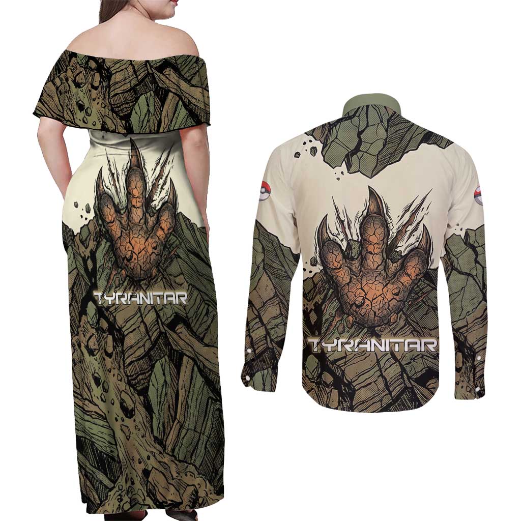 Tyranitar Rock Smash Couples Matching Off Shoulder Maxi Dress and Long Sleeve Button Shirt Tyranitar’s Seismic Roar - Monster of the Mountains