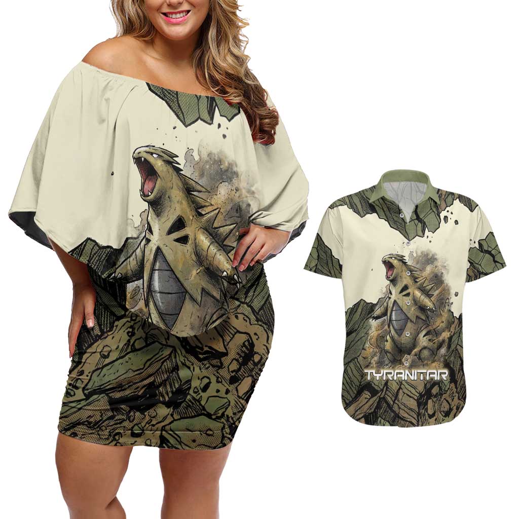 Tyranitar Rock Smash Couples Matching Off Shoulder Short Dress and Hawaiian Shirt Tyranitar’s Seismic Roar - Monster of the Mountains