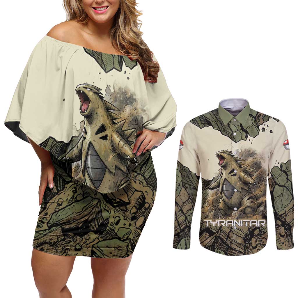 Tyranitar Rock Smash Couples Matching Off Shoulder Short Dress and Long Sleeve Button Shirt Tyranitar’s Seismic Roar - Monster of the Mountains