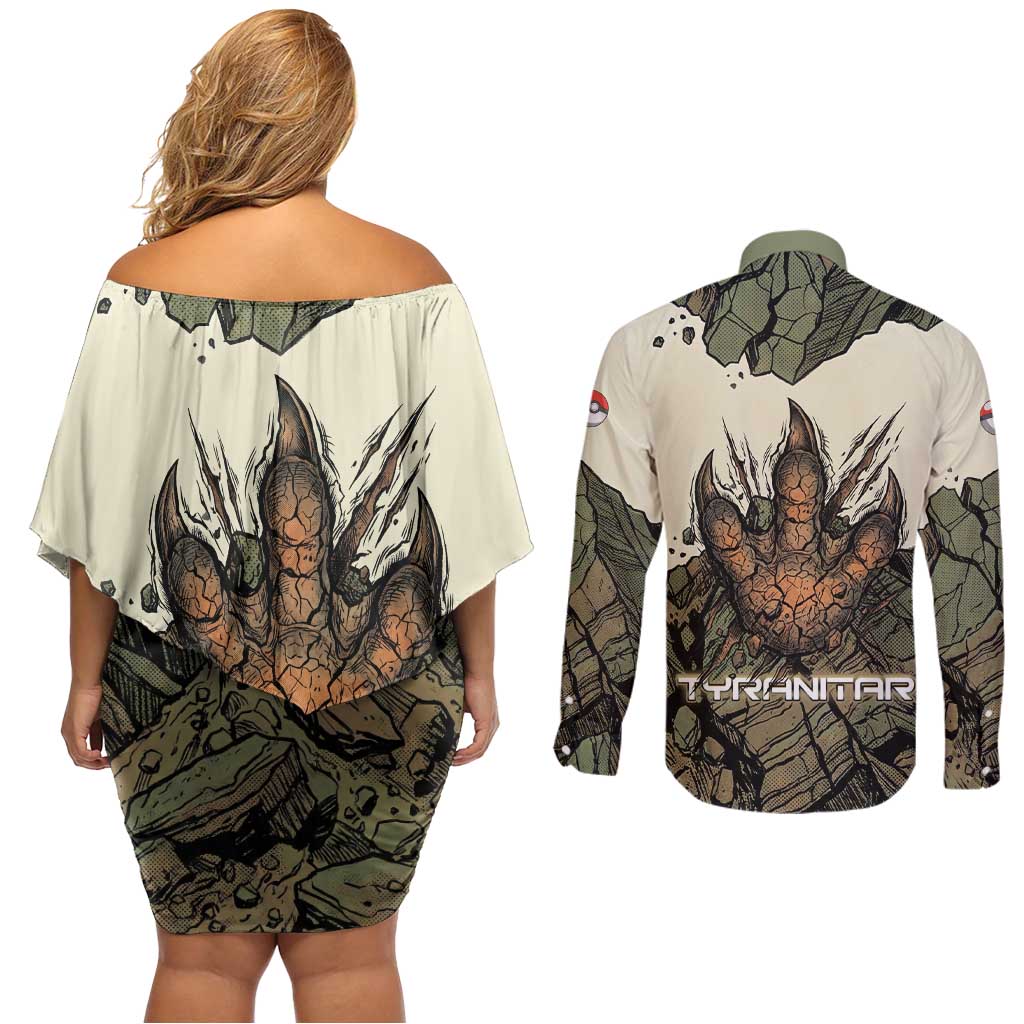 Tyranitar Rock Smash Couples Matching Off Shoulder Short Dress and Long Sleeve Button Shirt Tyranitar’s Seismic Roar - Monster of the Mountains