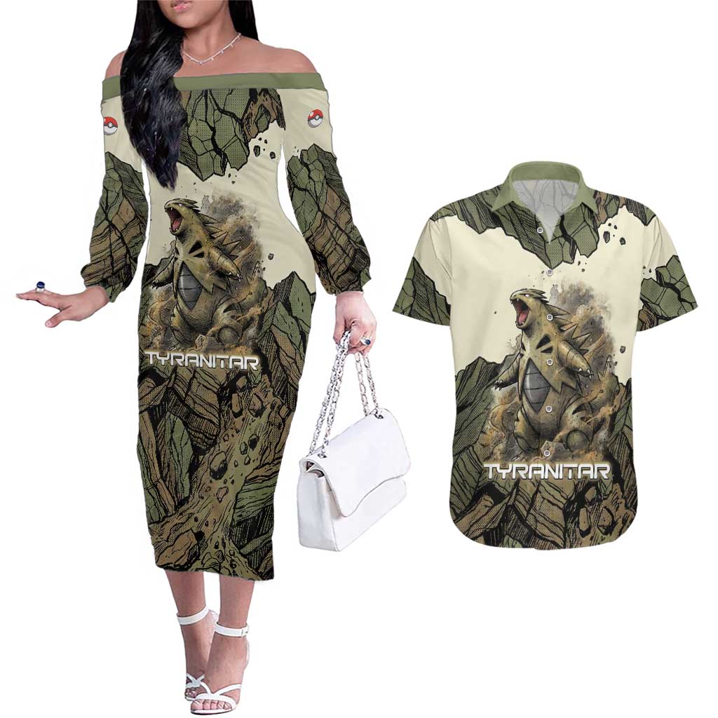 Tyranitar Rock Smash Couples Matching Off The Shoulder Long Sleeve Dress and Hawaiian Shirt Tyranitar’s Seismic Roar - Monster of the Mountains