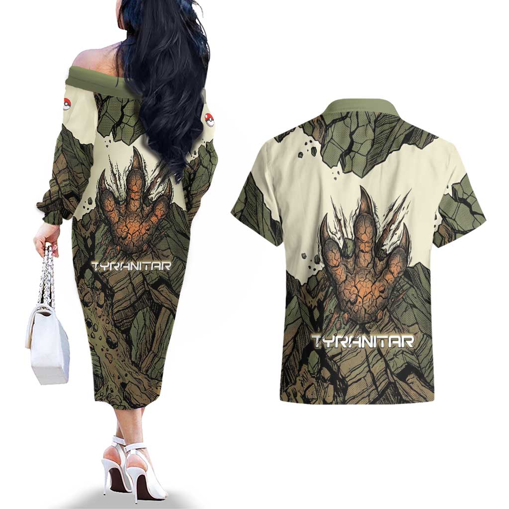 Tyranitar Rock Smash Couples Matching Off The Shoulder Long Sleeve Dress and Hawaiian Shirt Tyranitar’s Seismic Roar - Monster of the Mountains