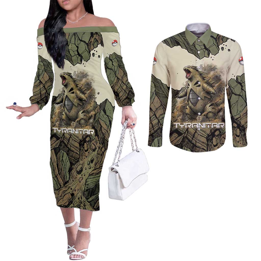 Tyranitar Rock Smash Couples Matching Off The Shoulder Long Sleeve Dress and Long Sleeve Button Shirt Tyranitar’s Seismic Roar - Monster of the Mountains