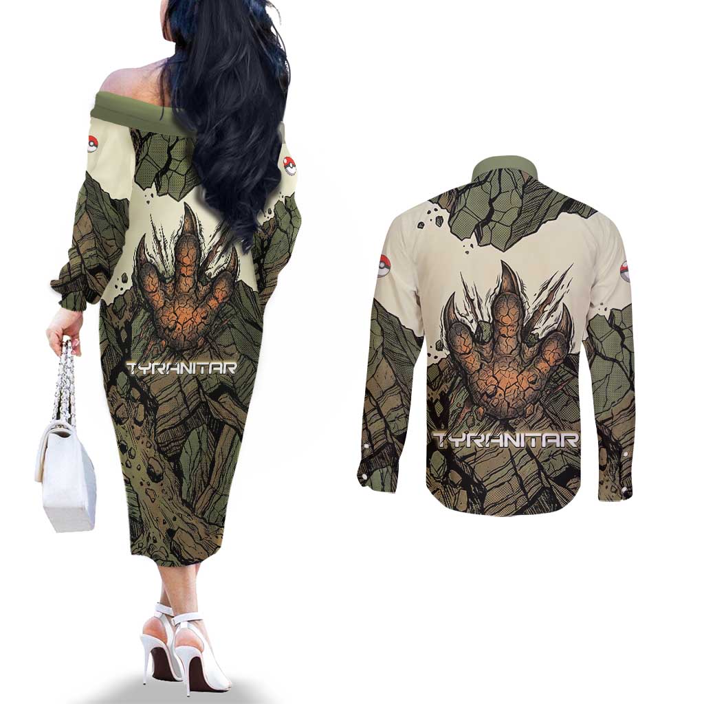 Tyranitar Rock Smash Couples Matching Off The Shoulder Long Sleeve Dress and Long Sleeve Button Shirt Tyranitar’s Seismic Roar - Monster of the Mountains