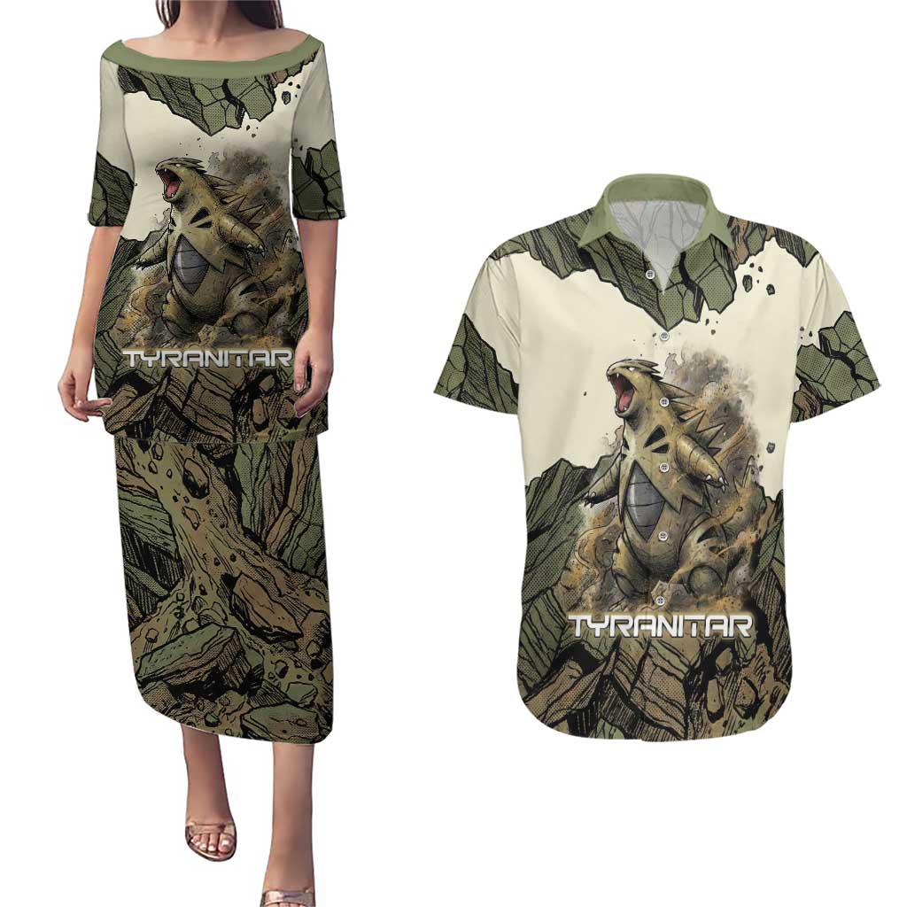 Tyranitar Rock Smash Couples Matching Puletasi and Hawaiian Shirt Tyranitar’s Seismic Roar - Monster of the Mountains