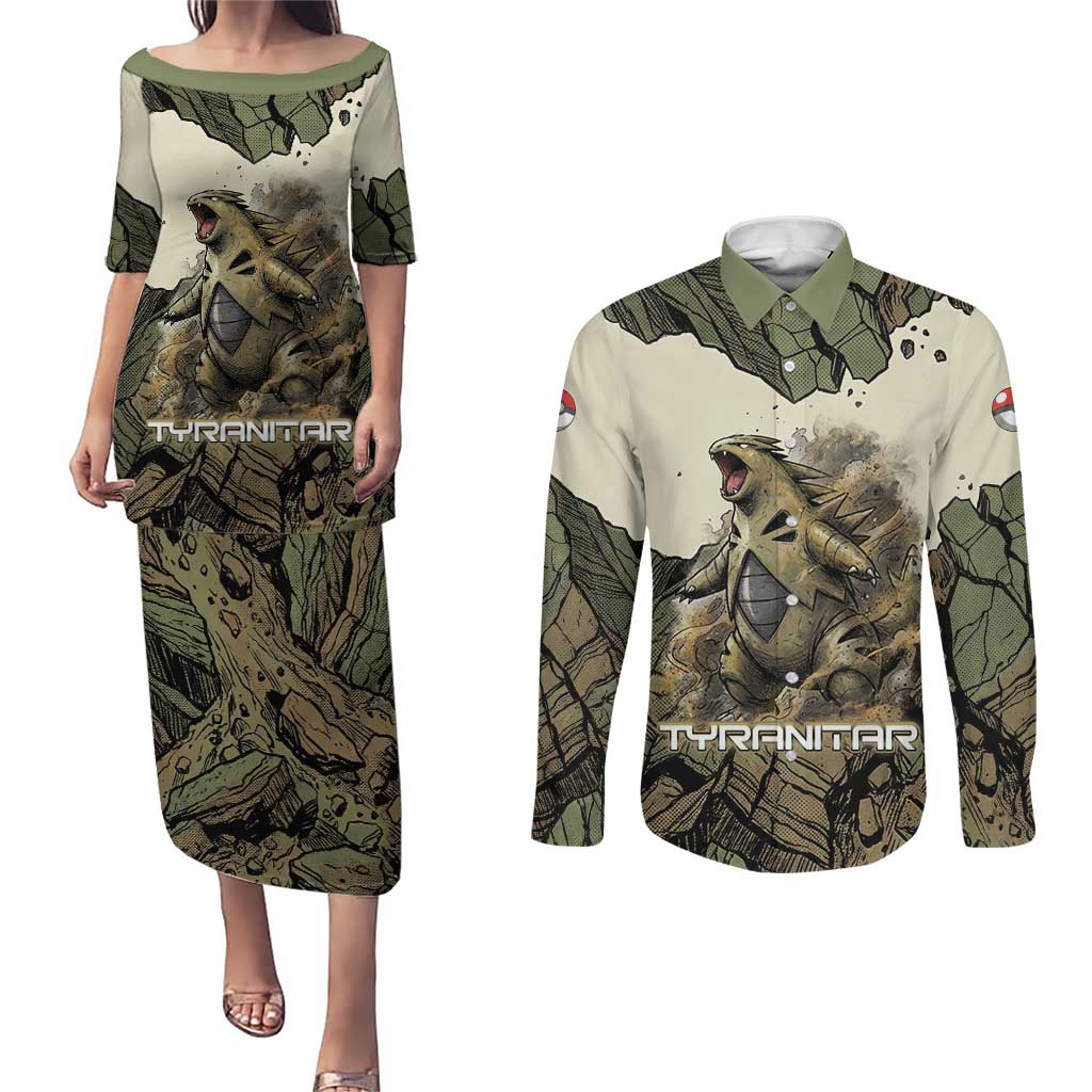 Tyranitar Rock Smash Couples Matching Puletasi and Long Sleeve Button Shirt Tyranitar’s Seismic Roar - Monster of the Mountains