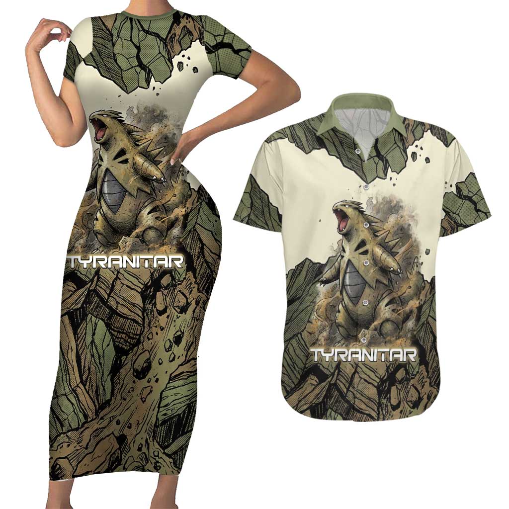 Tyranitar Rock Smash Couples Matching Short Sleeve Bodycon Dress and Hawaiian Shirt Tyranitar’s Seismic Roar - Monster of the Mountains