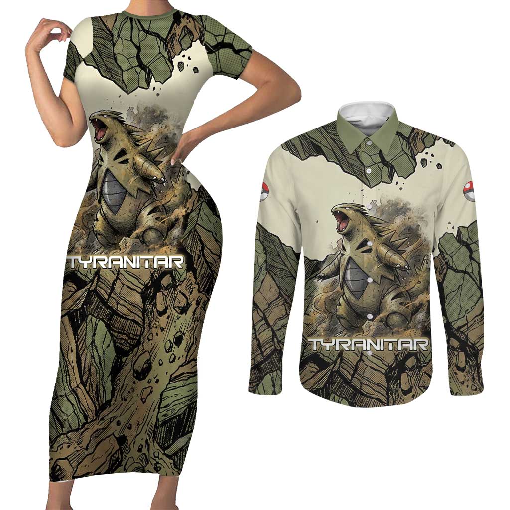 Tyranitar Rock Smash Couples Matching Short Sleeve Bodycon Dress and Long Sleeve Button Shirt Tyranitar’s Seismic Roar - Monster of the Mountains