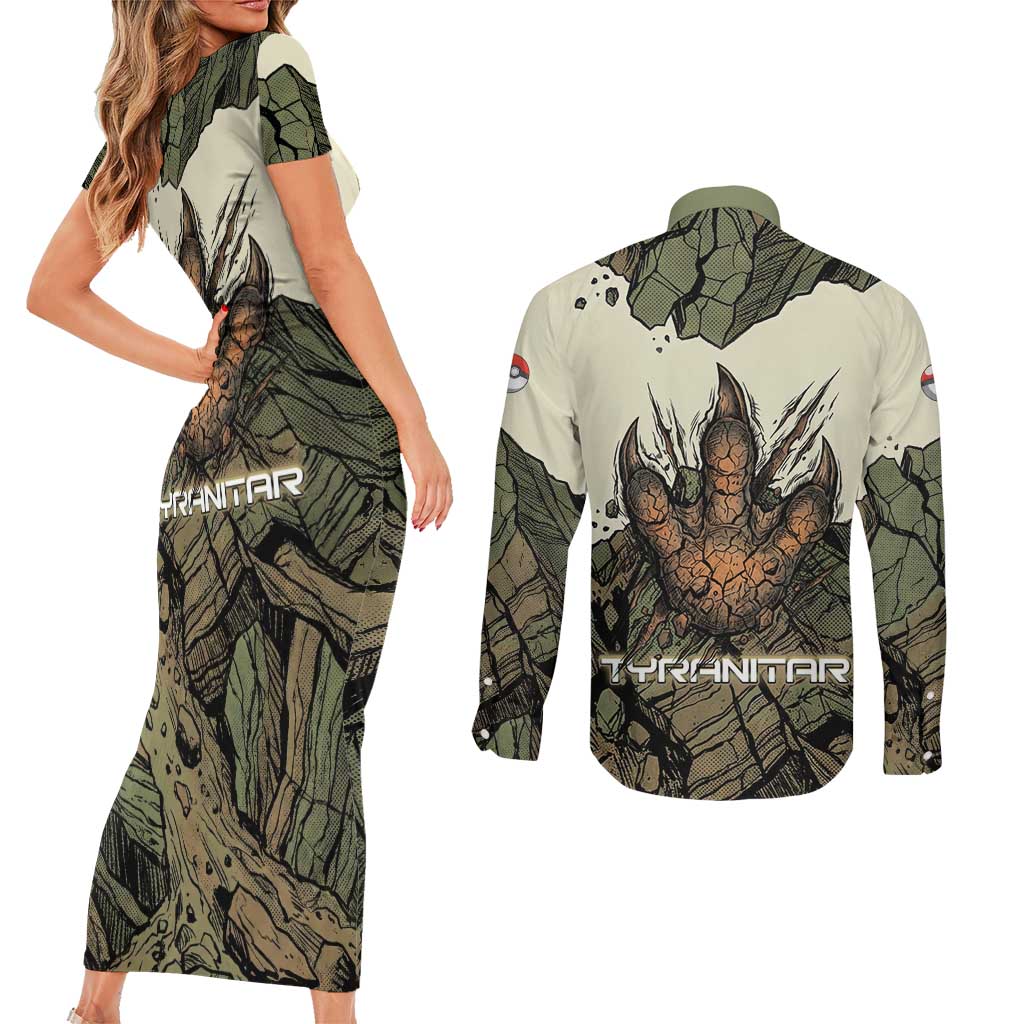 Tyranitar Rock Smash Couples Matching Short Sleeve Bodycon Dress and Long Sleeve Button Shirt Tyranitar’s Seismic Roar - Monster of the Mountains