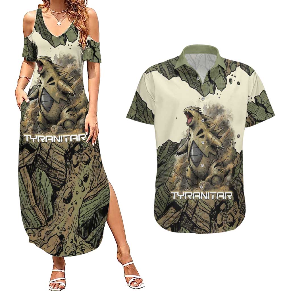 Tyranitar Rock Smash Couples Matching Summer Maxi Dress and Hawaiian Shirt Tyranitar’s Seismic Roar - Monster of the Mountains